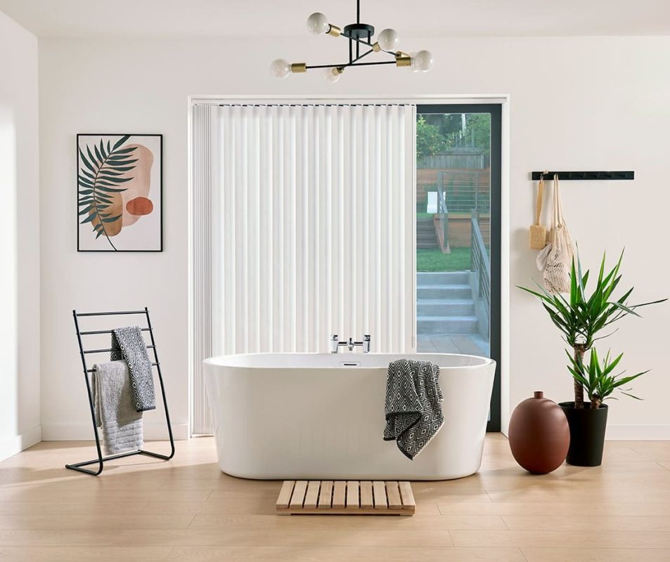 Vertical blinds lifestyle image in bathroom